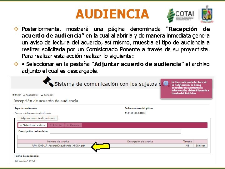 AUDIENCIA v Posteriormente, mostrará una página denominada “Recepción de acuerdo de audiencia” en la