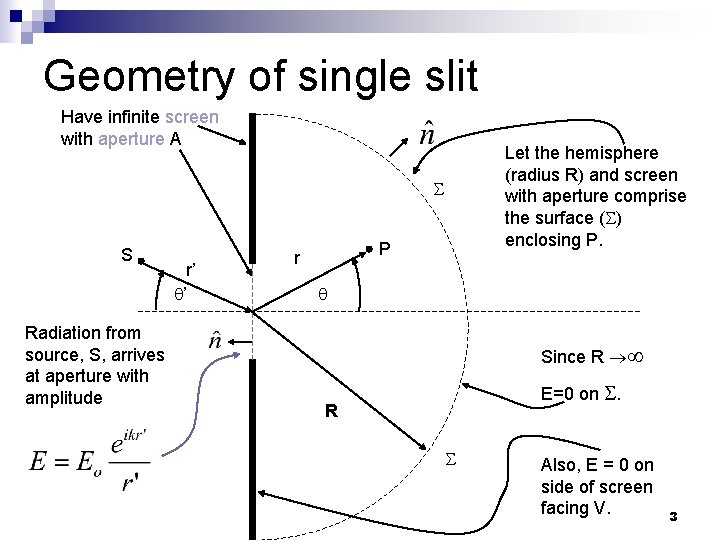 Geometry of single slit Have infinite screen with aperture A Let the hemisphere (radius