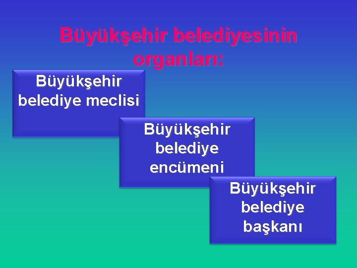 Büyükşehir belediyesinin organları: Büyükşehir belediye meclisi Büyükşehir belediye encümeni Büyükşehir belediye başkanı 