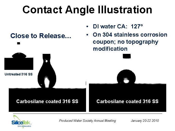 Contact Angle Illustration Close to Release… • DI water CA: 127° • On 304