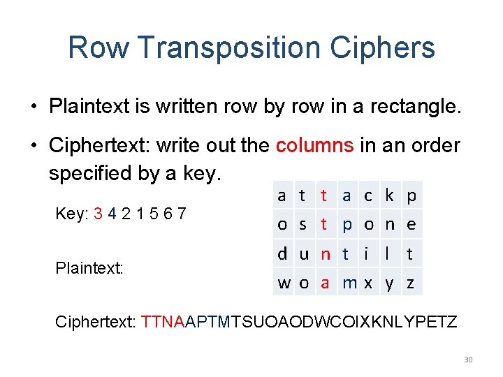 Row Transposition Ciphers • Plaintext is written row by row in a rectangle. •