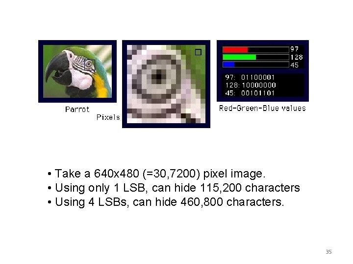  • Take a 640 x 480 (=30, 7200) pixel image. • Using only