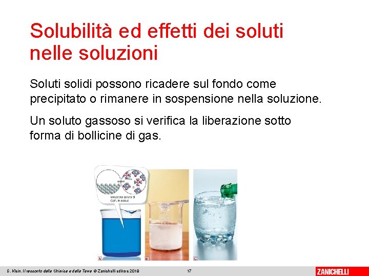 Solubilità ed effetti dei soluti nelle soluzioni Soluti solidi possono ricadere sul fondo come