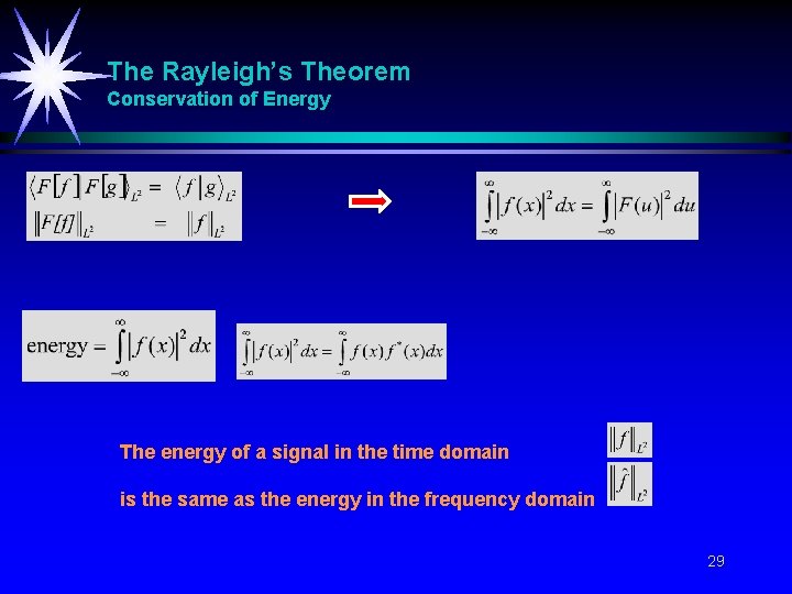 The Rayleigh’s Theorem Conservation of Energy The energy of a signal in the time The Rayleigh’s Theorem Conservation of Energy The energy of a signal in the time