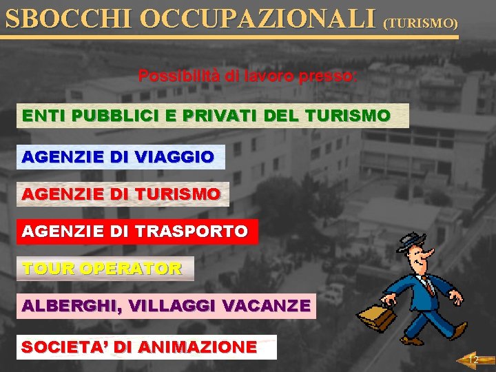 SBOCCHI OCCUPAZIONALI (TURISMO) Possibilità di lavoro presso: ENTI PUBBLICI E PRIVATI DEL TURISMO AGENZIE