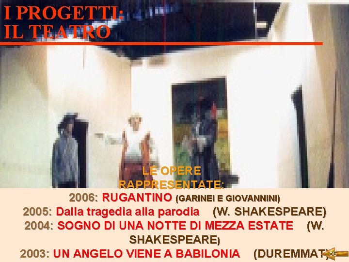 I PROGETTI: IL TEATRO LE OPERE RAPPRESENTATE: 2006: RUGANTINO (GARINEI E GIOVANNINI) 2005: Dalla