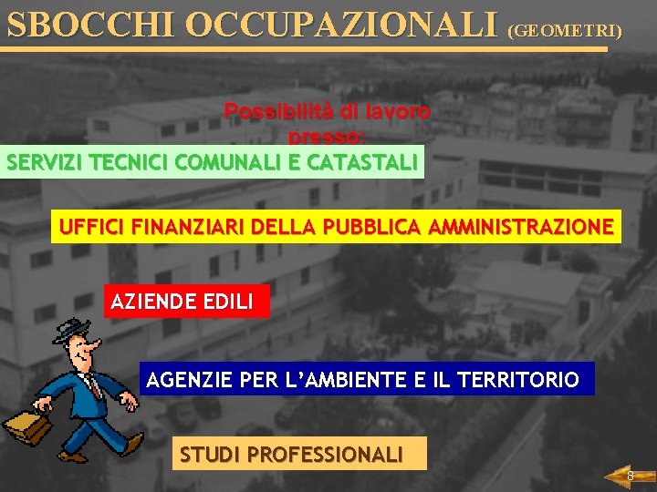 SBOCCHI OCCUPAZIONALI (GEOMETRI) Possibilità di lavoro presso: SERVIZI TECNICI COMUNALI E CATASTALI UFFICI FINANZIARI