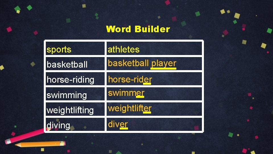 Word Builder sports basketball athletes basketball player swimming horse-rider swimmer weightlifting weightlifter diving diver