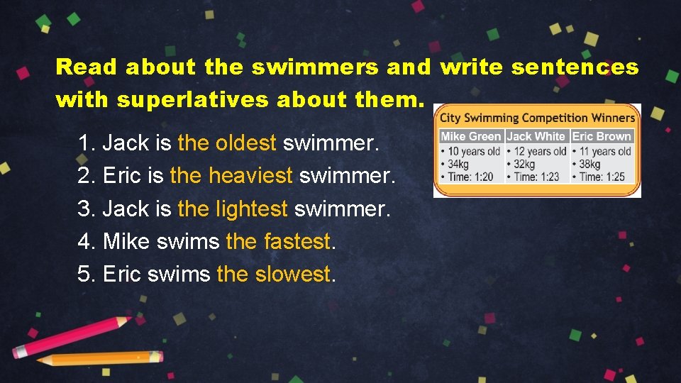 Read about the swimmers and write sentences with superlatives about them. 1. Jack is