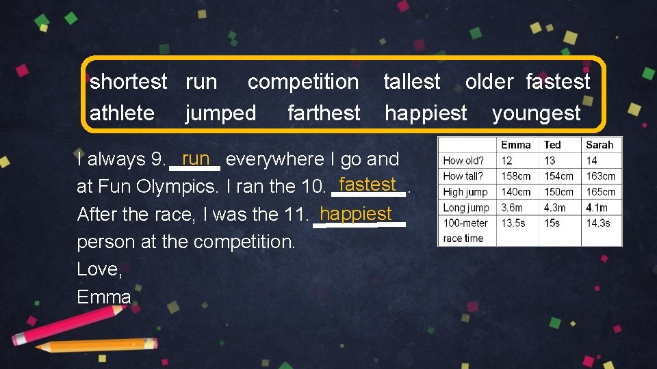 shortest run competition athlete jumped farthest tallest older fastest happiest youngest I always 9.