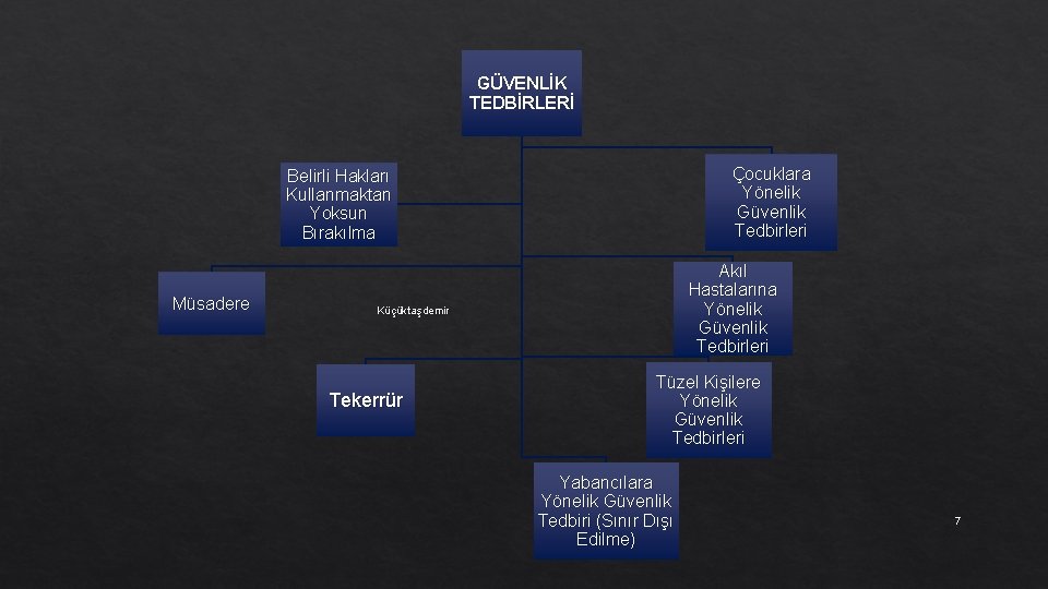 GÜVENLİK TEDBİRLERİ Çocuklara Yönelik Güvenlik Tedbirleri Belirli Hakları Kullanmaktan Yoksun Bırakılma Müsadere Akıl Hastalarına