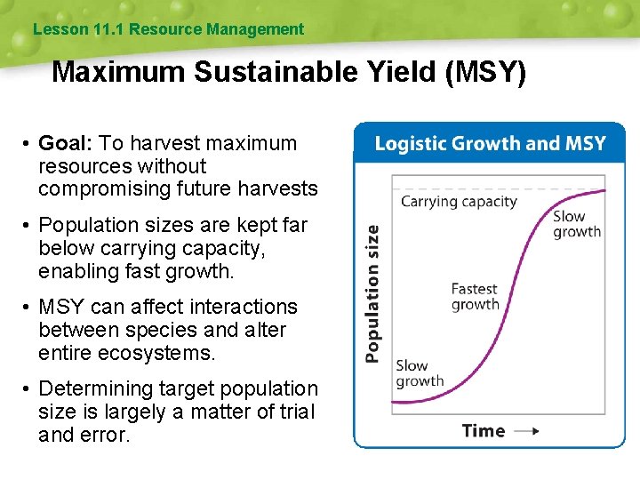 Lesson 11. 1 Resource Management Maximum Sustainable Yield (MSY) • Goal: To harvest maximum