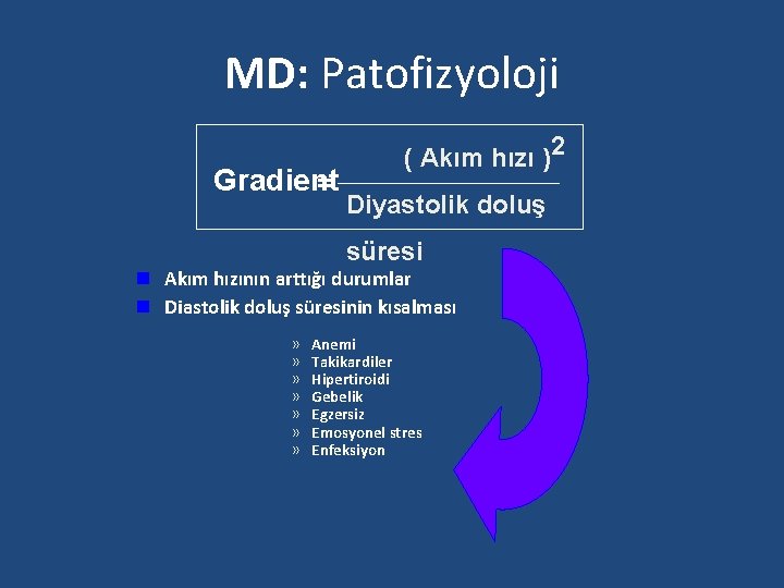 MD: Patofizyoloji Gradient = ( Akım hızı )2 Diyastolik doluş süresi n Akım hızının