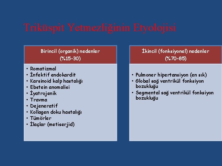 Triküspit Yetmezliğinin Etyolojisi Birincil (organik) nedenler (%15 -30) • • • Romatizmal İnfektif endokardit