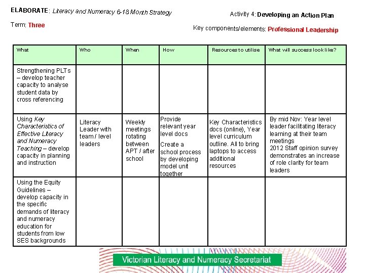 ELABORATE: Literacy and Numeracy 6 -18 Month Strategy Term: Three What Activity 4: Developing