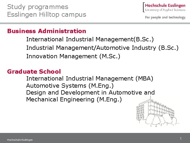 Study programmes Esslingen Hilltop campus Business Administration International Industrial Management(B. Sc. ) Industrial Management/Automotive