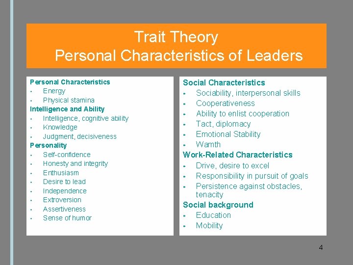 Trait Theory Personal Characteristics of Leaders Personal Characteristics Energy Physical stamina Intelligence and Ability