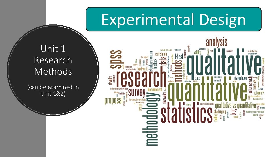 Experimental Design Unit 1 Research Methods (can be examined in Unit 1&2) 