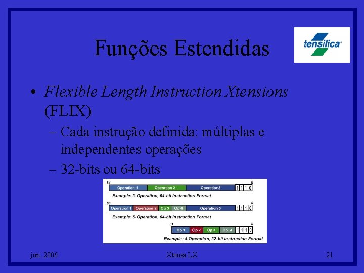 Funções Estendidas • Flexible Length Instruction Xtensions (FLIX) – Cada instrução definida: múltiplas e