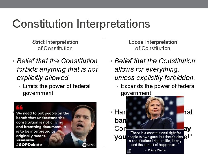 Constitution Interpretations Strict Interpretation of Constitution Loose Interpretation of Constitution • Belief that the