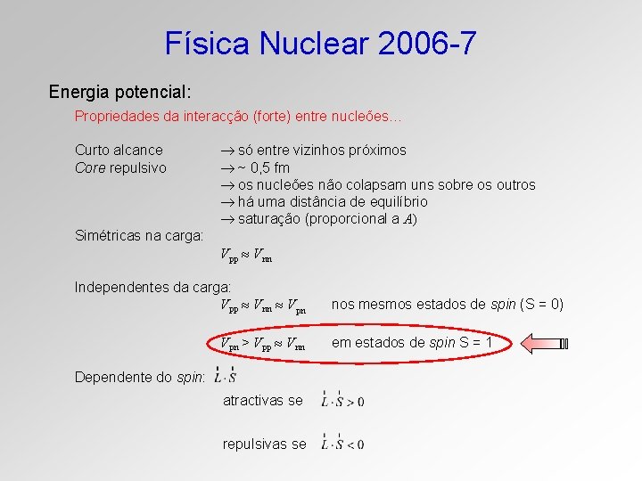 Física Nuclear 2006 -7 Energia potencial: Propriedades da interacção (forte) entre nucleões… Curto alcance