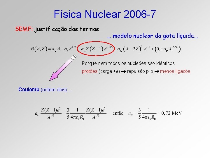 Física Nuclear 2006 -7 SEMF: justificação dos termos… … modelo nuclear da gota líquida…