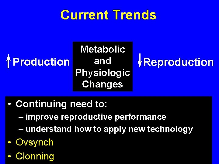 Current Trends Metabolic and Production Physiologic Changes Reproduction • Continuing need to: – improve