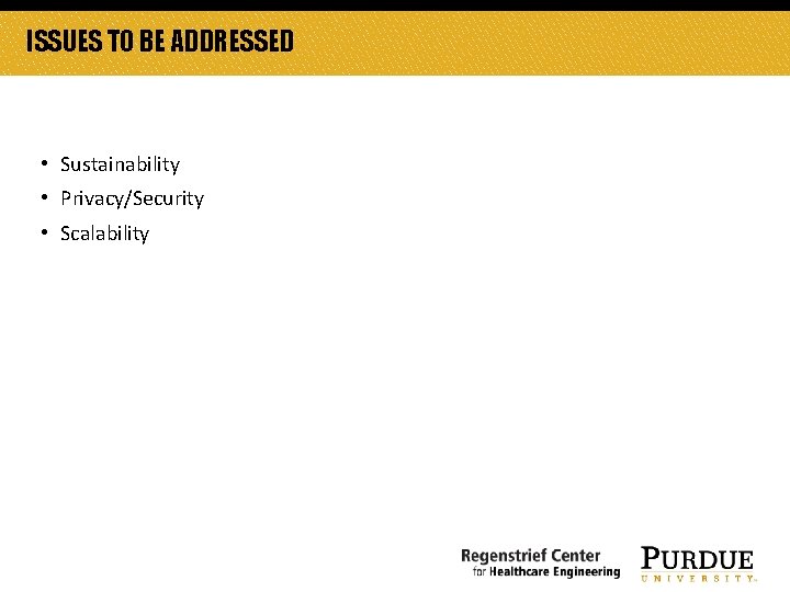 ISSUES TO BE ADDRESSED • Sustainability • Privacy/Security • Scalability 