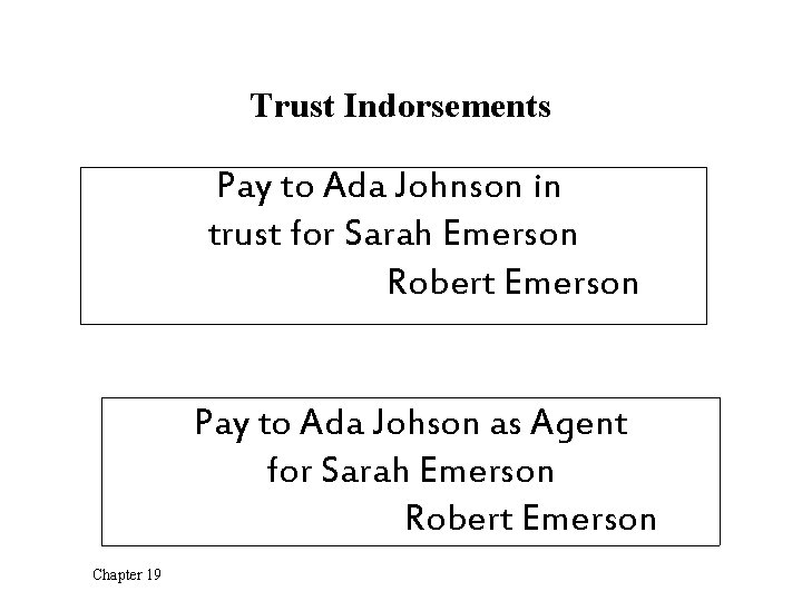 Trust Indorsements Pay to Ada Johnson in trust for Sarah Emerson Robert Emerson Pay