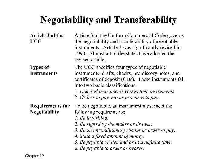 Negotiability and Transferability Chapter 19 