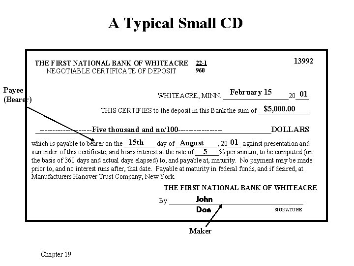 A Typical Small CD THE FIRST NATIONAL BANK OF WHITEACRE NEGOTIABLE CERTIFICATE OF DEPOSIT