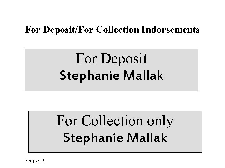 For Deposit/For Collection Indorsements For Deposit Stephanie Mallak For Collection only Stephanie Mallak Chapter