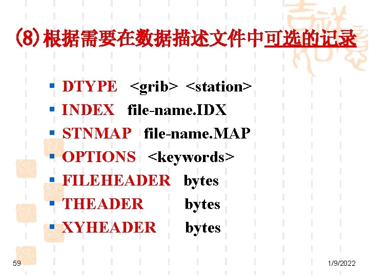 (8)根据需要在数据描述文件中可选的记录 § § § § 59 DTYPE <grib> <station> INDEX file-name. IDX STNMAP file-name.