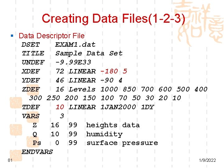 Creating Data Files(1 -2 -3) § Data Descriptor File DSET EXAM 1. dat TITLE