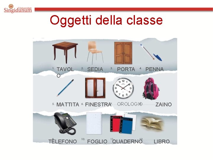 Oggetti della classe TAVOL O MATTITA TELEFONO SEDIA FINESTRA PORTA OROLOGIO FOGLIO QUADERNO PENNA