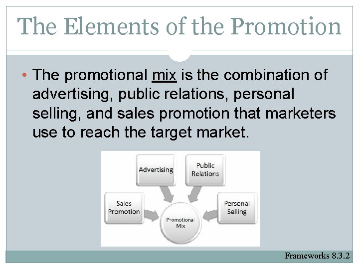 The Elements of the Promotion • The promotional mix is the combination of advertising,