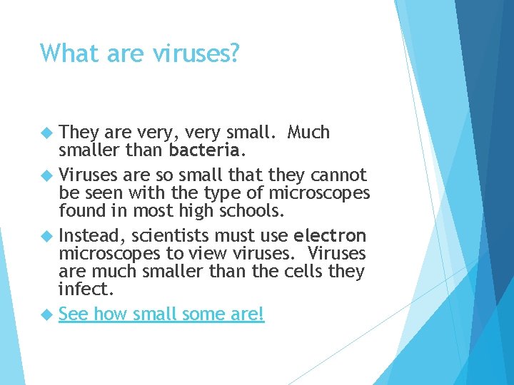 What are viruses? They are very, very small. Much smaller than bacteria. Viruses are