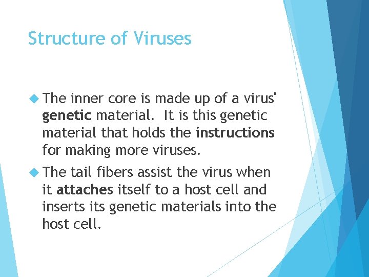Structure of Viruses The inner core is made up of a virus' genetic material.