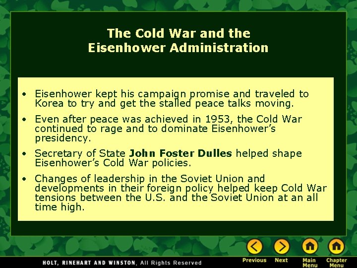 The Cold War and the Eisenhower Administration • Eisenhower kept his campaign promise and The Cold War and the Eisenhower Administration • Eisenhower kept his campaign promise and
