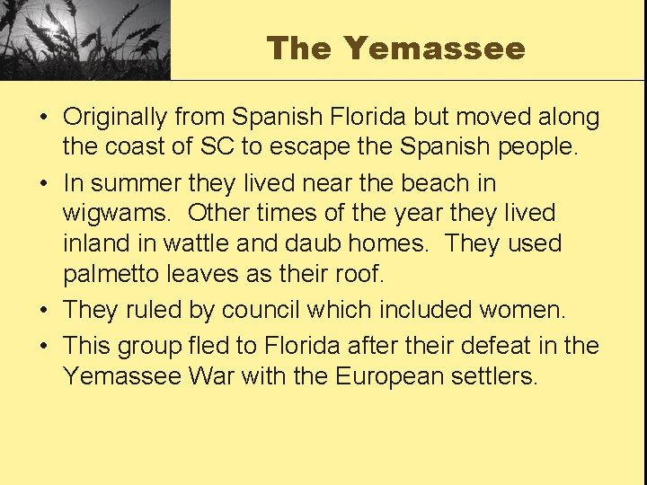 The Yemassee • Originally from Spanish Florida but moved along the coast of SC