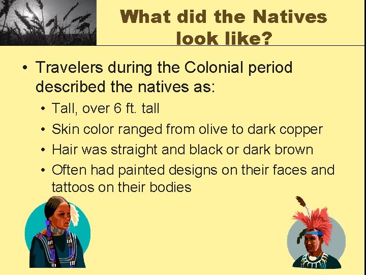 What did the Natives look like? • Travelers during the Colonial period described the