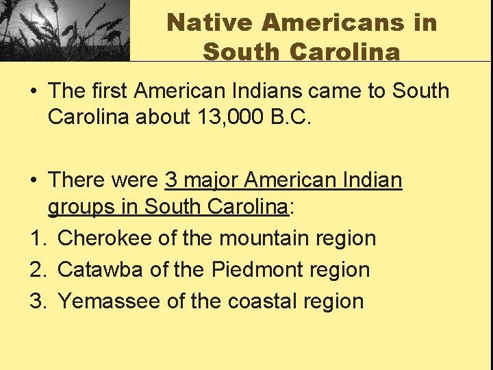 Native Americans in South Carolina • The first American Indians came to South Carolina