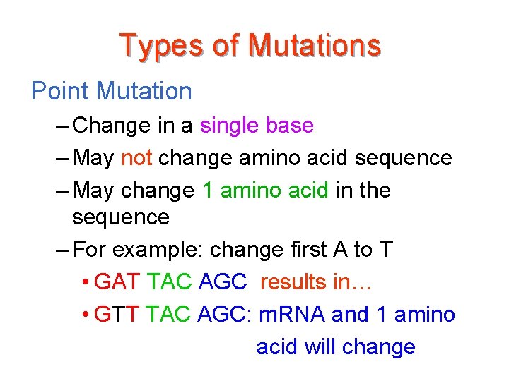 Types of Mutations Point Mutation – Change in a single base – May not