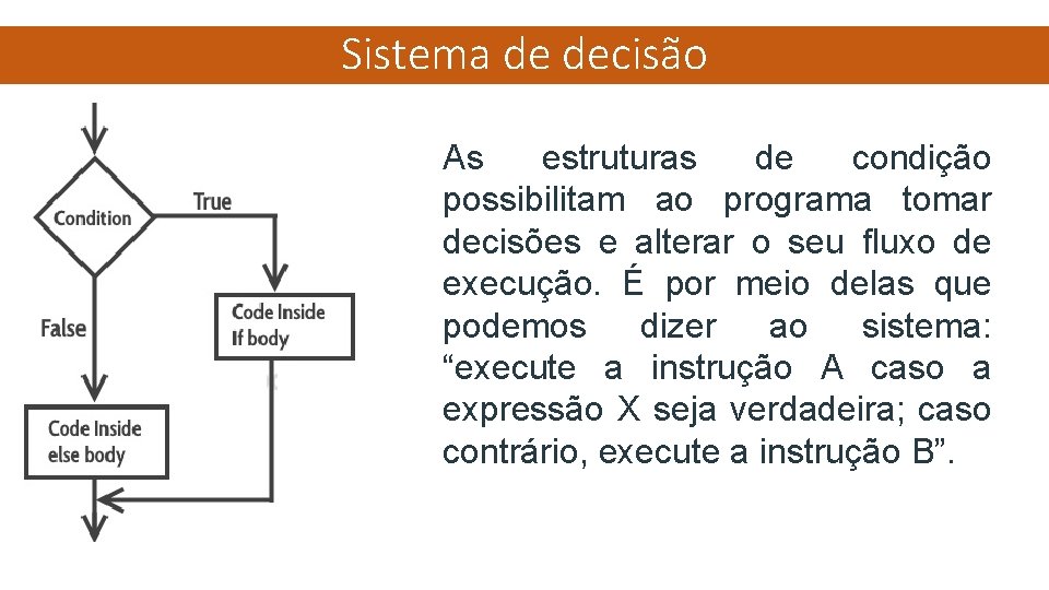 Sistema de decisão As estruturas de condição possibilitam ao programa tomar decisões e alterar