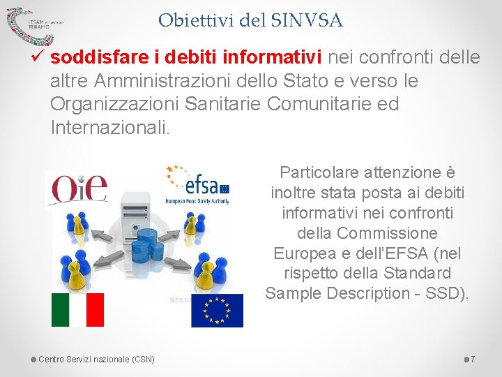 Obiettivi del SINVSA ü soddisfare i debiti informativi nei confronti delle altre Amministrazioni dello