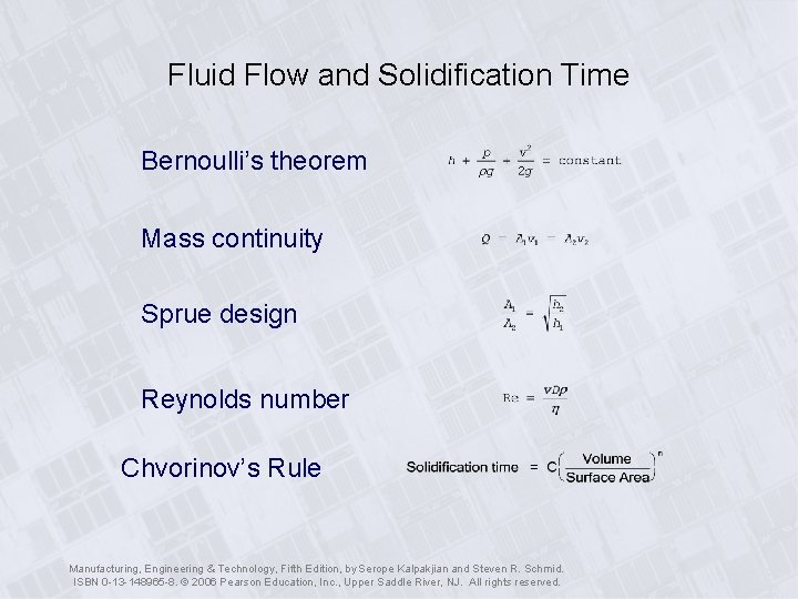 Fluid Flow and Solidification Time Bernoulli’s theorem Mass continuity Sprue design Reynolds number Chvorinov’s