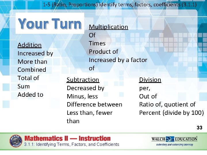 1 -5 (Ratio, Proportions) Identify terms, factors, coefficients (3. 1. 1) Your Turn Addition