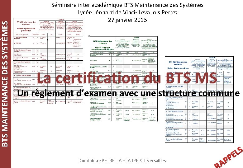 BTS MAINTENANCE DES SYSTÈMES Séminaire inter académique BTS Maintenance des Systèmes Lycée Léonard de