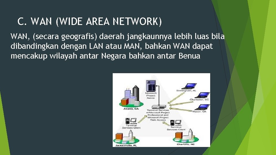C. WAN (WIDE AREA NETWORK) WAN, (secara geografis) daerah jangkaunnya lebih luas bila dibandingkan
