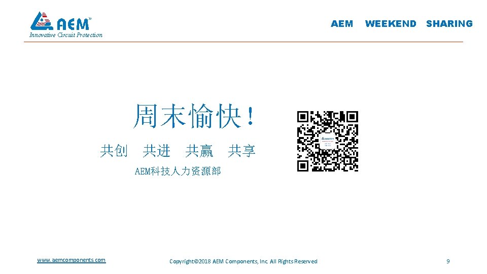 AEM WEEKEND SHARING Innovative Circuit Protection 周末愉快！ 共创 共进 共赢 共享 AEM科技人力资源部 www. aemcomponents.